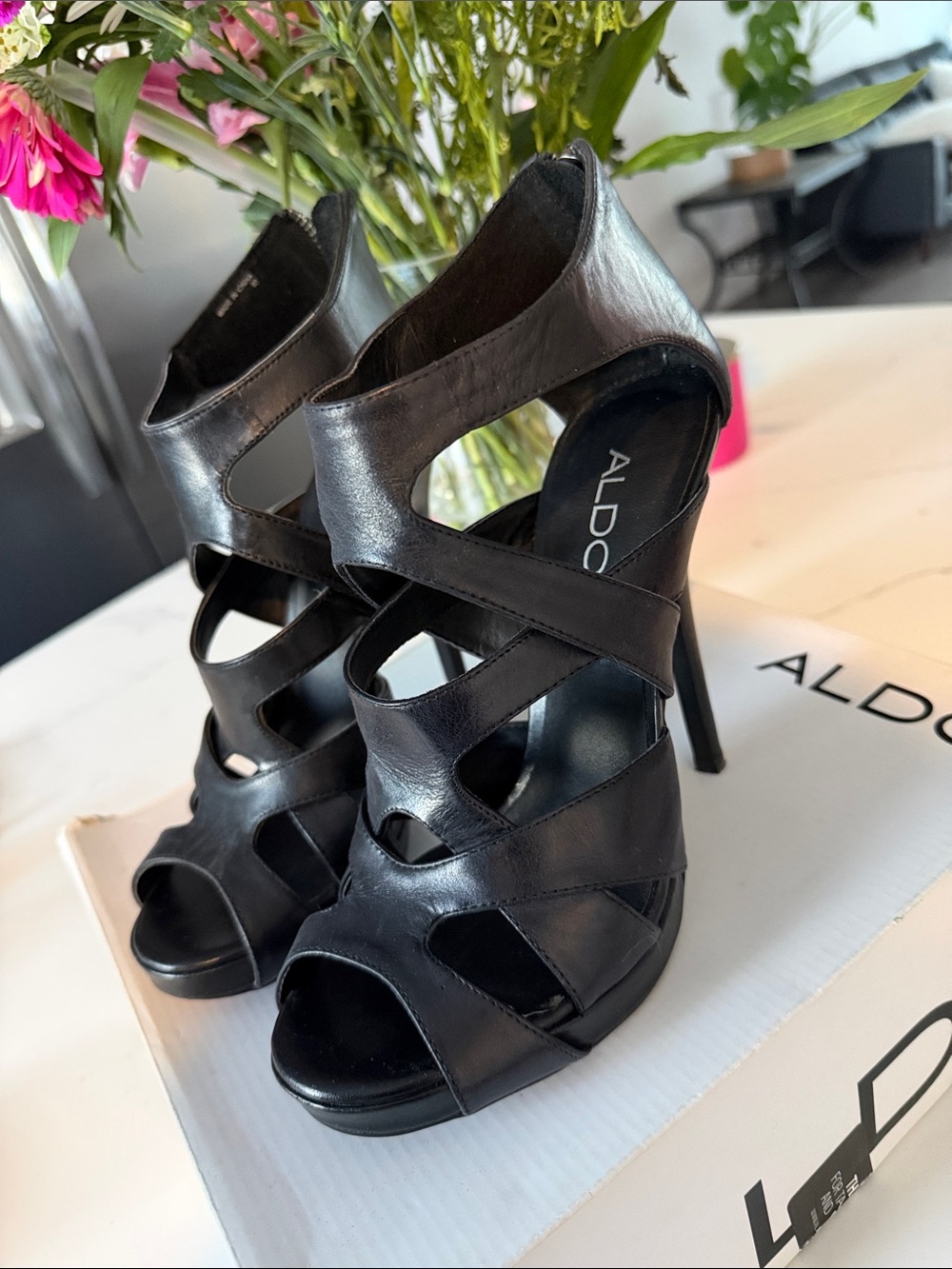 Aldo Black Strappy Peep-Toe Stiletto Heels